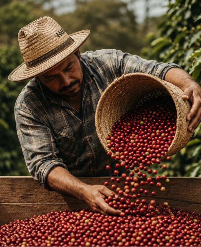 Productor seleccionando cerezas maduras de café