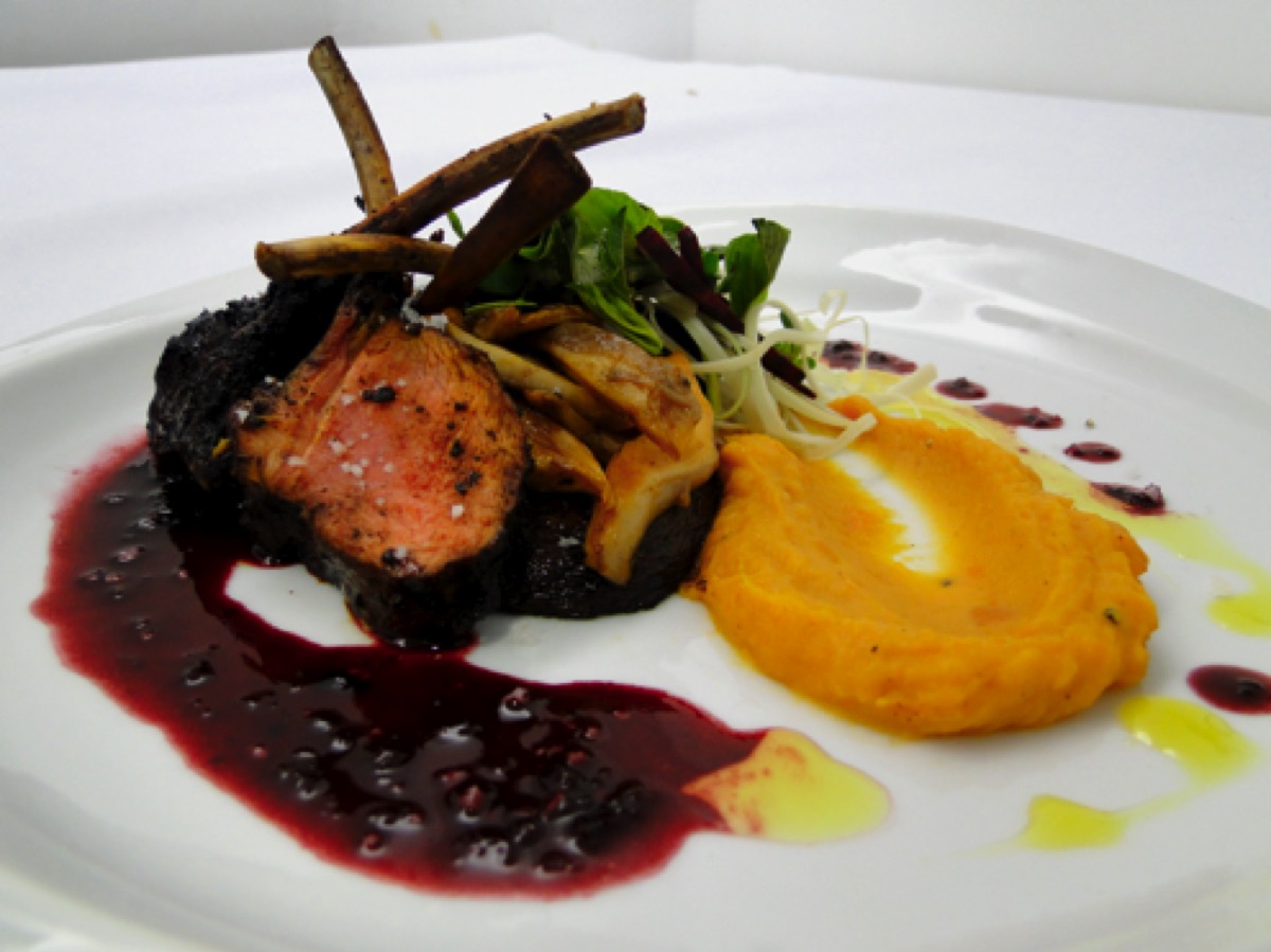 Platillo de pato con puré y salsa de frutos